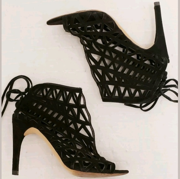 {Zara} Laser Cut Suede Open Toe Lace Up Booties.38 - Picture 2 of 7